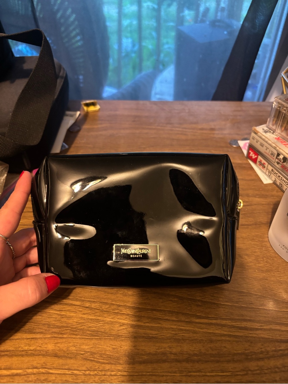 Yves Saint Laurent Black Gloss Patent Cosmetic Pouch with Gold Logo